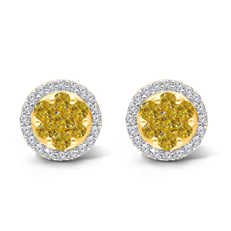 White and Yellow Diamond 1ctw. Cluster Halo Stud Earrings in 14k Yellow Gold image number null